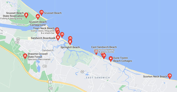 Map of beaches in Sandwich that allow dogs during the offseason. Pets are not allowed during the summer season.