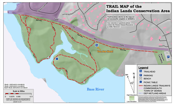 Trail Map of the Indian Lands Conservation Area in Dennis, MA.
