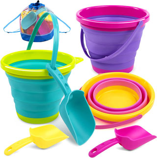 Folding beach buckets are a must-have for kids, and they fold down for easier storage in your car.