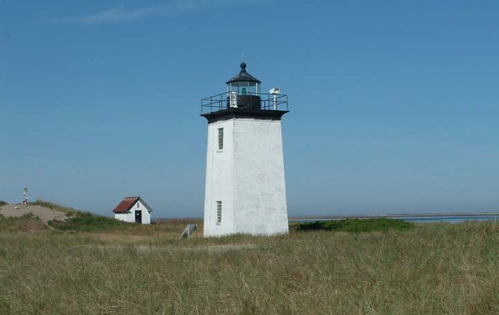 Woods End Lighthouse in Provincetown can be reached by a long walk over a deserted white sand beach.
