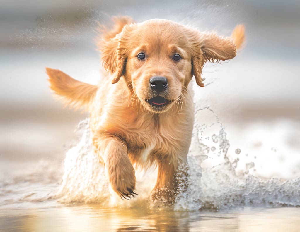 A Golden Retriever Puppy splashing water in a tidal pool at Skaket Beach.