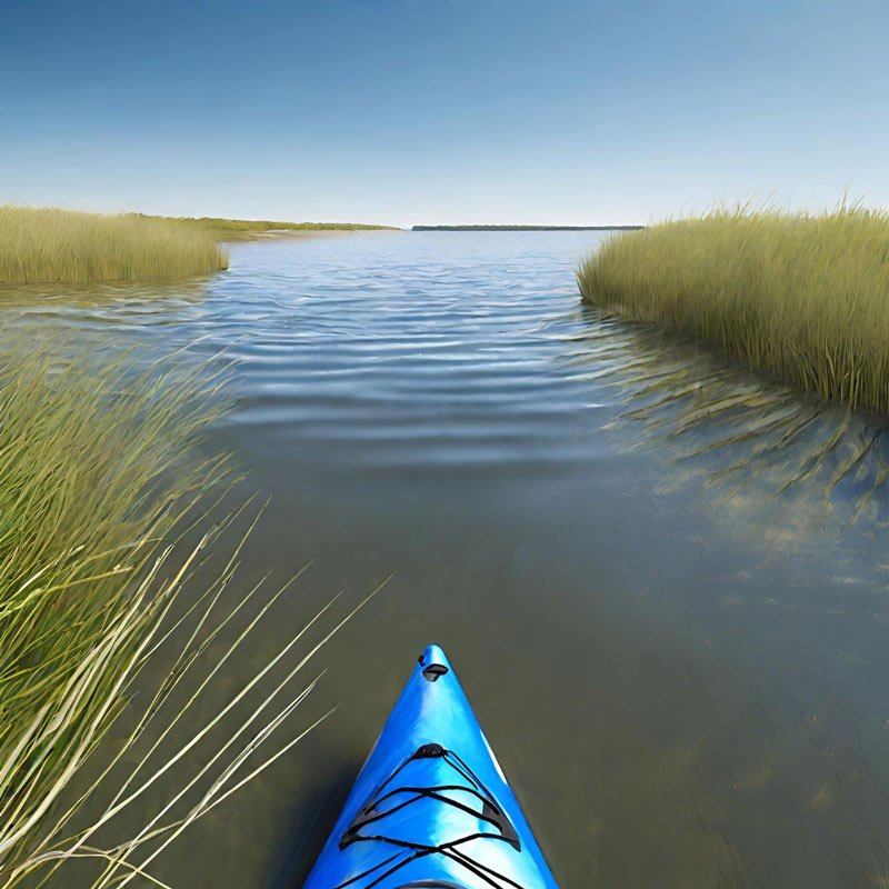 Kayaking in Dennis, MA, on a small tidal estuary surrounded by grass.