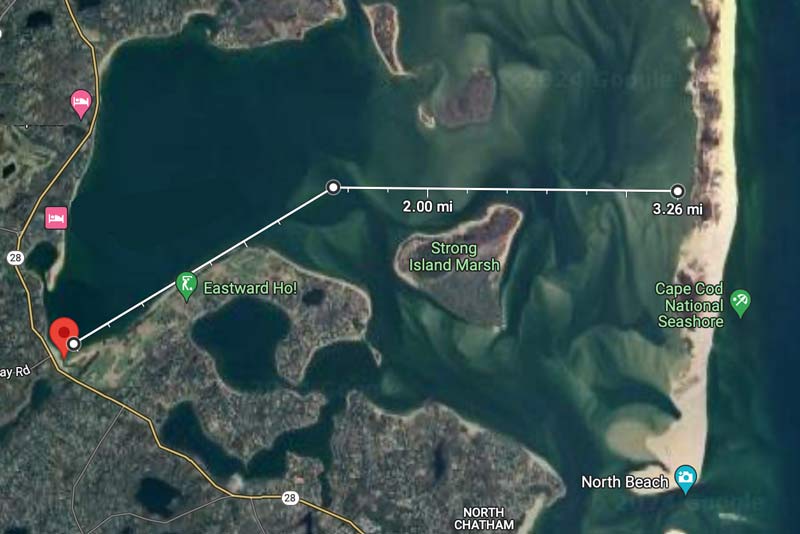 The kayak route to Nauset Beach passing north of Strong Island is about 3.3 miles each way. Avoid heading too far south near the tip of North Beach.
