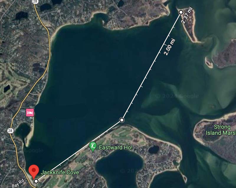 The 2,.4 mile kayak route to Sipson Island along the right coastline includes about 1.4 miles across Pleasant Bay. Stick to the left coastline for a 2.6 mile route entirely within reach of land.